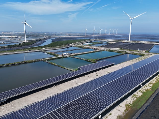A drone image shows wind turbines and solar panels, in Changhua, Taiwan, May 16, 2025. REUTERS/Ann Wang/File Photo