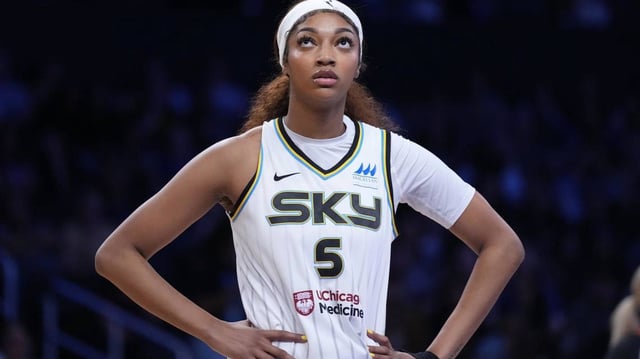 Chicago Sky forward Angel Reese (5) reacts in the first half against the LA Sparks at Crypto.com Arena.
