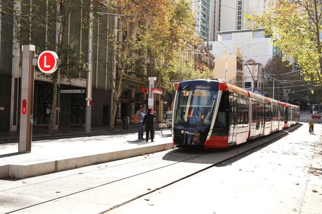 SYDNEY, AUSTRALIA - MAY 19: The Sydney lightrail stop at Chinatown is seen on May 19, 2020 in Sydney, Australia. Strict social distancing measures have been introduced for public transport as Sydneysiders begin to travel around the city again as COVID-19 restrictions ease in Australia. Capacity on buses, trains, ferries and light rail will be significantly reduced with only 12 people will be allowed on a bus and 32 in a train carriage as the NSW government works to maintain strict physical distancing of 1.5 metres on the network. Green stickers on seats will indicate where commuters can sit at a safe distance. Temporary car parking zones and cycle ways across Sydney&#39;s inner city will also be set up to encourage commuters to bike or drive to work.  (Photo by Mark Kolbe/Getty Images)