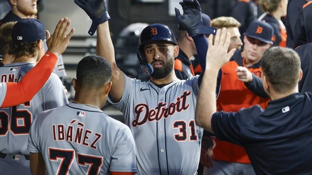 Jun 4, 2025; Chicago, Illinois, USA; Detroit Tigers left fielder Riley Greene (31) celebrates with teammates after scoring against the Chicago White Sox during the first inning at Rate Field. Mandatory Credit: Kamil Krzaczynski-Imagn Images