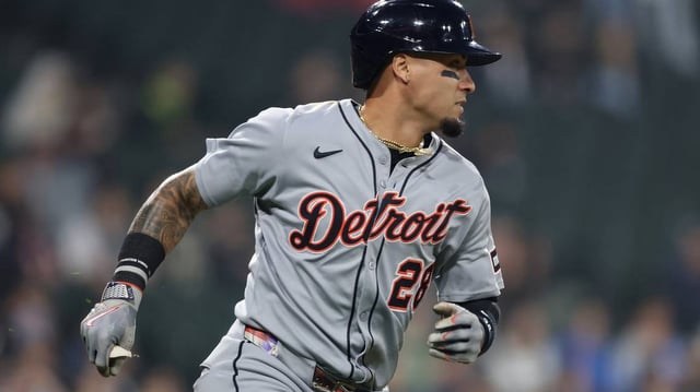 Javier Baez of the Detroit Tigers runs to first base after hitting an RBI single against the Chicago White Sox during the first inning at Rate Field on Wednesday, June 4, 2025, in Chicago. (Michael Reaves/Getty Images/TNS)