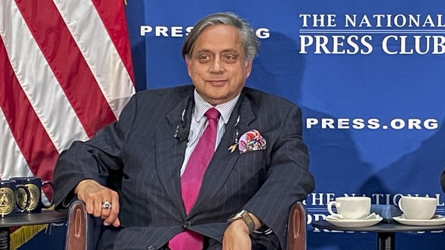 Congress leader Shashi Tharoor during an interaction with journalists, at the National Press Club in Washington DC