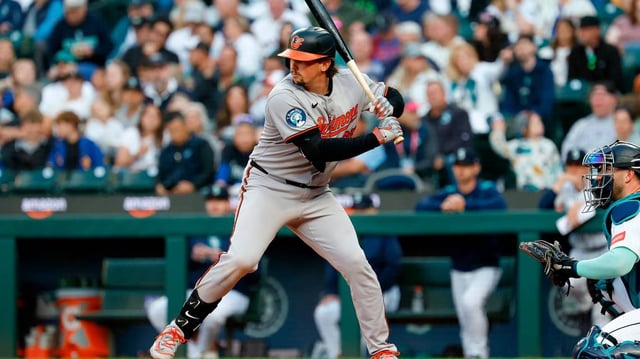 Adley Rutschman of the Baltimore Orioles bats during the sixth inning against the Seattle Mariners at T-Mobile Park on Wednesday, June 4, 2025, in Seattle. (Alika Jenner/Getty Images/TNS)