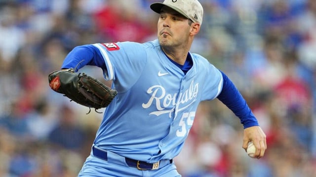 May 16, 2025; Kansas City, Missouri, USA; Kansas City Royals starting pitcher Cole Ragans (55) pitches during the first inning against the St. Louis Cardinals at Kauffman Stadium. Mandatory Credit: Jay Biggerstaff-Imagn Images