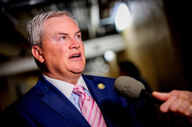 House Oversight Committee Chairman James Comer (R-KY) speaks to a reporter as he arrives for a House Republican conference meeting at the U.S. Capitol on May 6, 2025 in Washington, DC.