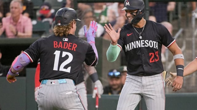 Jun 4, 2025; West Sacramento, California, USA; Minnesota Twins outfielder Harrison Bader (12) celebrates with third base Royce Lewis (23) after hitting a home run against the Athletics during the fifth inning at Sutter Health Park. Mandatory Credit: Ed Szczepanski-Imagn Images