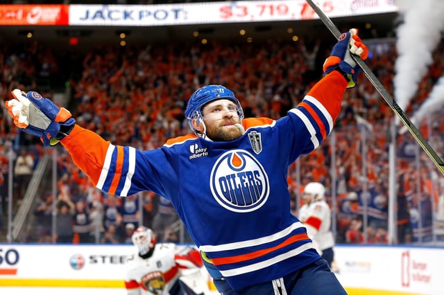 Leon Draisaitl of the Edmonton Oilers celebrates after scoring the game-winning goal to beat the Florida Panthers 4-3 during overtime in Game One of the 2025 Stanley Cup Final at Rogers Place in Edmonton, Alberta, Canada, on Wednesday, June 4, 2025.