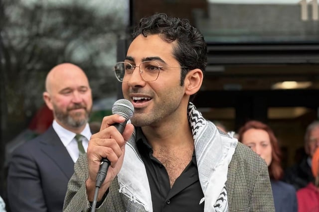 Mohsen Mahdawi outside the courthouse after a judge released the Palestinian student activist on April 30, 2025 in Burlington, Vt.