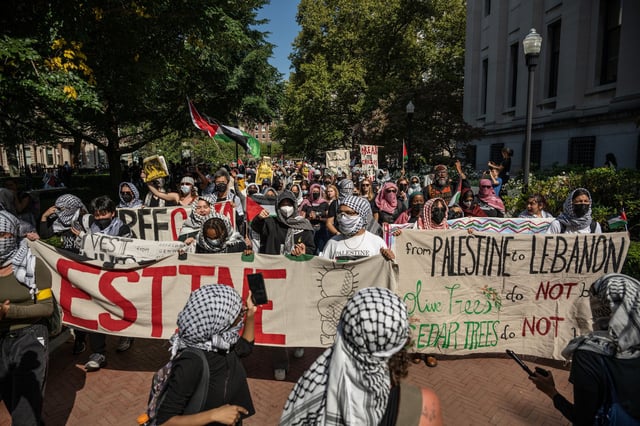 Students protest against the war in Gaza on the anniversary of the Hamas attack on Israel at Columbia University in New York City, on October 7, 2024.