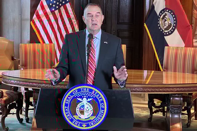 Missouri Gov. Mike Kehoe announces a special legislative session during a press conference, Tuesday, May 27, 2025, at his Capitol office in Jefferson City, Mo.. (AP Photo/David A. Lieb)