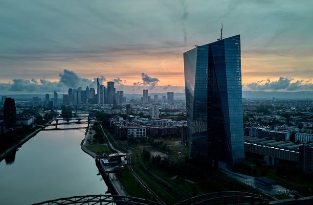 The European Central Bank building, right, in Frankfurt, Germany, pictured in June 2025.