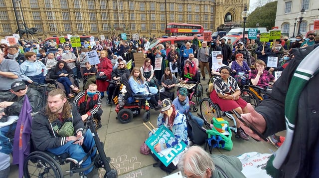 Disabled people protest against the cuts to disability benefits. Image: Sophia Kleanthous