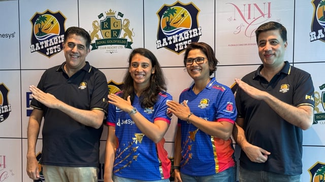 Captain Smriti Mandhana does the ‘Go Jets’ pose with Ratnagiri Jets co-owners Rajan Navani and Rakesh Navani ahead of the inaugural edition of the Maharashtra Premier League on Wednesday