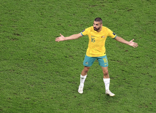 Soccer Football - AFC Asian Cup - Quarter Final - Australia v South Korea - Al Janoub Stadium, Al Wakrah, Qatar - February 2, 2024 Australia's Aziz Behich reacts REUTERS/Thaier Al-Sudani