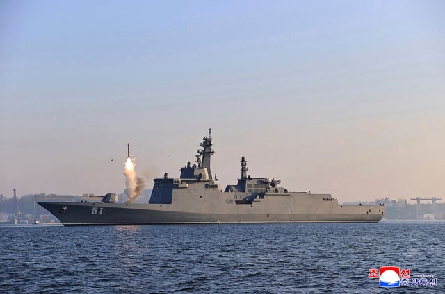 This photo provided by the North Korean government, shows what it says the test-firings, conducted on April 28 and April 29, 2025, of missiles from a newly launched destroyer &#34;Choe Hyon&#34; at an undisclosed place in North Korea.