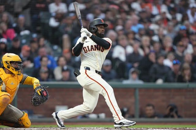 SAN FRANCISCO, CALIFORNIA - JUNE 04: Daniel Johnson #56 of the San Francisco Giants hits a single against the San Diego Padres in the bottom of the fifth inning of a major league baseball game at Oracle Park on June 04, 2025 in San Francisco, California. (Photo by Thearon W. Henderson/Getty Images)