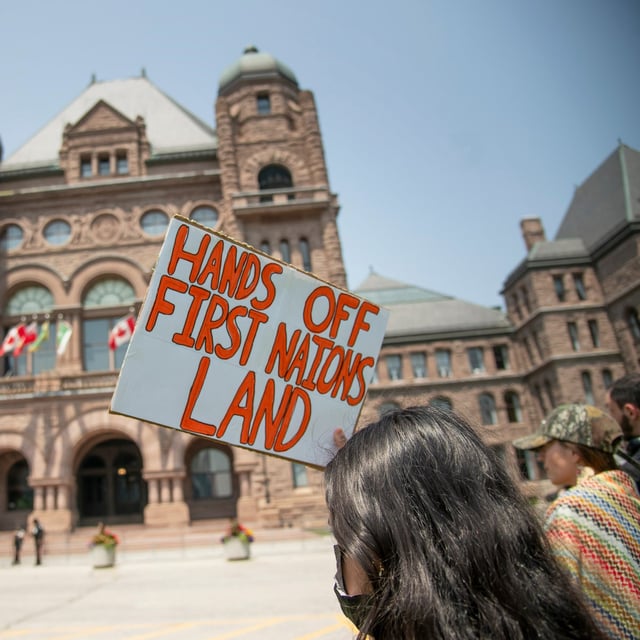 Protesters gather outside the Legislative Assembly of Ontario to protest Bill 5 on June 4, 2025. (Fred Lum/The Globe and Mail)