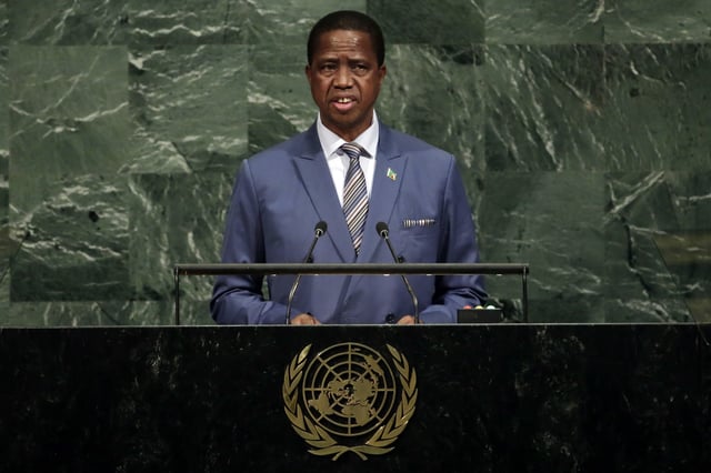 FILE - Zambia's President Edgar Chagwa Lungu addresses the 72nd session of the United Nations General Assembly, at U.N. headquarters, Sept. 19, 2017. (AP Photo/Richard Drew, File)