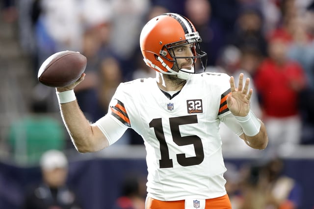 Joe Flacco #15 of the Cleveland Browns throws a pass against the Houston Texans during the first quarter in the AFC Wild Card Playoffs at NRG Stadium on January 13, 2024 in Houston, Texas.