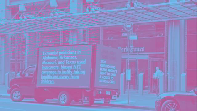 A GLAAD digital billboard next to the New York Times building in July 2024. Photo courtesy of GLAAD. Edit by James Salanga.