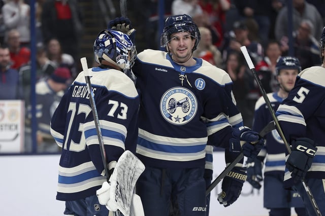 Columbus Blue Jackets goaltender Jet Greaves (73) celebrates with centre Sean Monahan (23) following a game against the Washington Capitals on Saturday, April 12, 2025, in Columbus, Ohio. (AP Photo/Joe Maiorana)