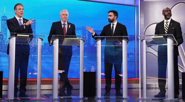 (From left) Democratic mayoral candidates Andrew Cuomo, Whitney Tilson, Zohran Mamdani and Michael Blake during the primary debate, at NBC’s 30 Rockefeller Center studios, New York, June 4, 2025. (Yuki Iwamura / POOL / AFP via Getty Images)