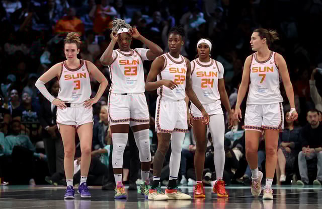 NEW YORK, NEW YORK – JUNE 01:  Marina Mabrey #3,Kariata Diaby #23,Saniya Rivers #22,Aneesah Morrow #24 and Haley Peters #7 of the Connecticut Sun stand on the court as a play is reviewed in the third quarter against the New York Liberty at Barclays Center on June 01, 2025 in the Brooklyn borough of New York City. The New York Liberty defeated the Connecticut Sun 100-52. NOTE TO USER: User expressly acknowledges and agrees that, by downloading and or using this photograph, User is consenting to the terms and conditions of the Getty Images License Agreement. (Photo by Elsa/Getty Images)