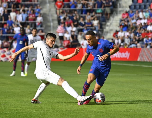 Sep 9, 2023; St. Louis, Missouri, UNITED STATES; Uzbekistan's Khojakbar Alijonov (3) defends against United States' Sergino Dest (2) during the match against the United States at CITY Park. Mandatory Credit: Scott Rovak-USA TODAY Sports/File Photo