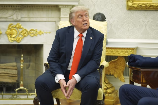 President Donald Trump speaks during a meeting with Germany's Chancellor Friedrich Merz in the Oval Office of the White House, Thursday, June 5, 2025, in Washington. (AP Photo/Evan Vucci)