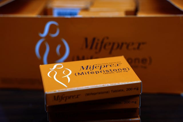 Boxes of Mifepristone, the first pill in a medical abortion, are seen at Alamo Women's Clinic in Carbondale, Illinois, U.S., April 9, 2024. REUTERS/Evelyn Hockstein/File Photo