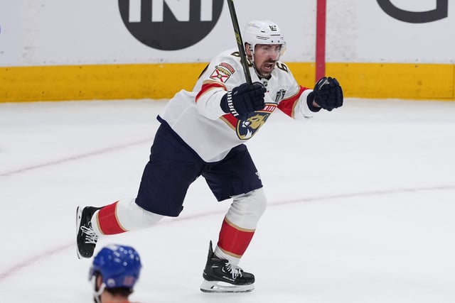 Florida Panthers' Brad Marchand celebrates his goal against the Edmonton Oilers during the first period in Game 1 of the NHL Stanley Cup Final, in Edmonton, on Wednesday, June 4, 2025. 