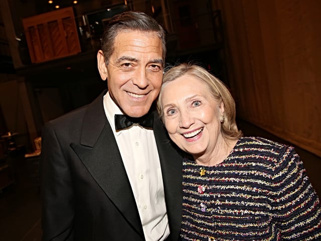 NEW YORK, NEW YORK - MAY 29: (EXCLUSIVE COVERAGE) George Clooney and Hillary Clinton pose backstage at the hit play "Good Night, and Good Luck" on Broadway at The Winter Garden Theatre on May 29, 2025 in New York City. (Photo by Bruce Glikas/WireImage)