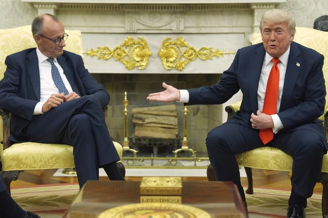 President Donald Trump, right, meets Germany&#39;s Chancellor Friedrich Merz in the Oval Office of the White House, Thursday, June 5, 2025, in Washington.