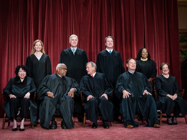Members of the Supreme Court sit for a group photo following the recent addition of Associate Justice Ketanji Brown Jackson, at the Supreme Court building on Capitol Hill on Friday, Oct 07, 2022 in Washington, DC. Bottom row, from left, Associate Justice Sonia Sotomayor, Associate Justice Clarence Thomas, Chief Justice of the United States John Roberts, Associate Justice Samuel Alito, and Associate Justice Elena Kagan. Top row, from left, Associate Justice Amy Coney Barrett, Associate Justice Neil Gorsuch, Associate Justice Brett Kavanaugh, and Associate Justice Ketanji Brown Jackson. (Jabin Botsford/The Washington Post via Getty)