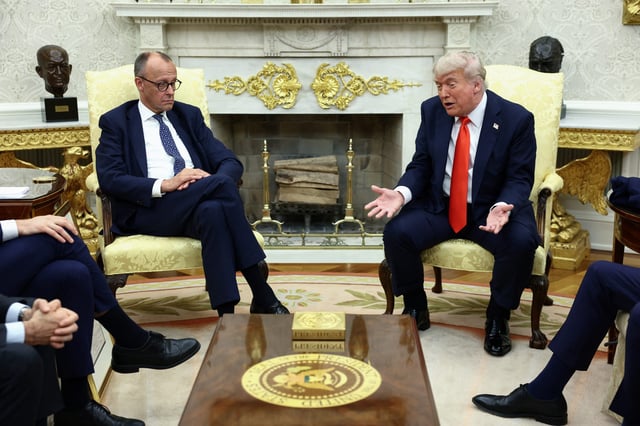 President Donald Trump and German Chancellor Friedrich Merz meet at the White House in Washington, D.C., on June 5, 2025.