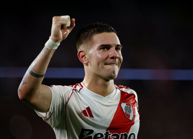 Soccer Football - Copa Libertadores - Group Stage - River Plate v Independiente del Valle - Estadio Mas Monumental, Buenos Aires, Argentina - May 15, 2025 River Plate's Franco Mastantuono celebrates scoring their third goal REUTERS/Agustin Marcarian/File Photo