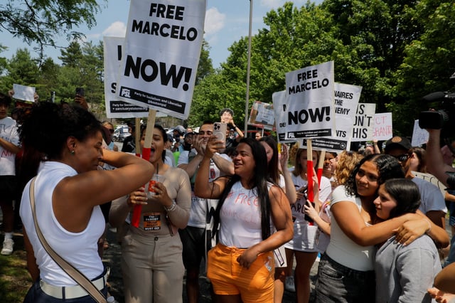 Classmates and relatives react and celebrate after an immigration judge ordered released on bond Marcelo Gomes da Silva, a high school student from Milford who was detained by Immigration and Enforcement (ICE), outside the Immigration court in Chelmsford, Massachusetts, U.S., June 5, 2025.   REUTERS/Brian Snyder