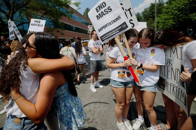 Classmates react and celebrate after an immigration judge ordered released on bond Marcelo Gomes da Silva, a high school student from Milford who was detained by Immigration and Enforcement (ICE), outside the Immigration court in Chelmsford, Massachusetts, U.S., June 5, 2025.   REUTERS/Brian Snyder