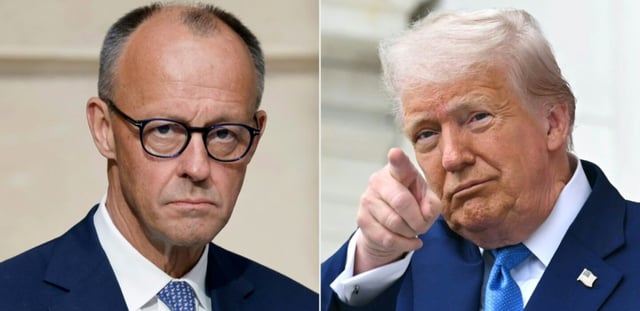 Montage photos du 3 juin 2025 du chancelier allemand Friedrich Merz (g) et du président américain Donald Trump