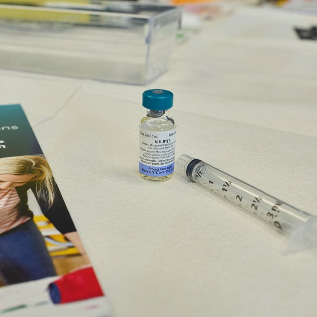 A dose of the measles, mumps, and rubella (MMR) vaccination awaits the next patient during a vaccine clinic at Southwestern Public Health in St. Thomas, Ont. on Tuesday, March 4, 2025.THE CANADIAN PRESS/ Geoff Robins