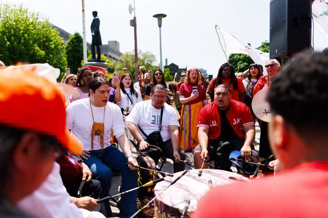 Protesters and community members chant, wave flags and drum during a demonstration opposing Bill 5, outside the Ontario Legislature at Queen's Park in Toronto on June 2, 2025.