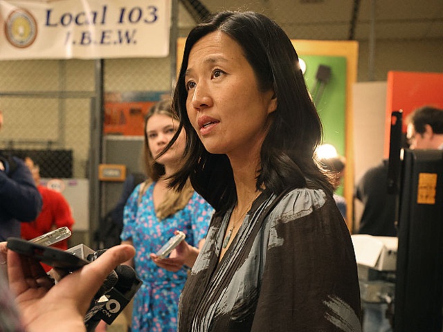 Boston, MA - May 13: Boston Mayor Michelle Wu answers a question from a Boston Globe reporter on May 13, 2025, about the death of a child in Hyde Park who was hit by a BPS bus. (Suzanne Kreiter/The Boston Globe via Getty Images)