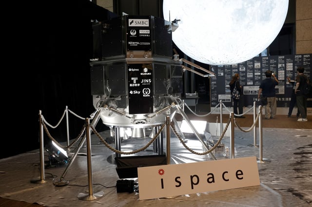 A model of the lunar lander "Resilience", operated by 'ispace', is displayed at a venue where employees of 'ispace' will monitor "Resilience" landing on the Moon, in Tokyo, Japan, June 6, 2025.  REUTERS/Manami Yamada