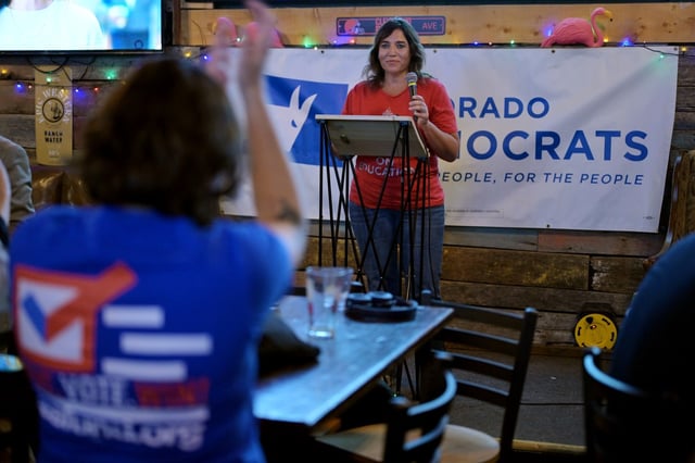 Amie Baca-Oehlert, president of the Colorado Education Association, speaks during Colorado Democrats&#39; election night watch party at Stoney&#39;s Bar and Grill in Denver on Tuesday, November 7, 2023. (Photo by Hyoung Chang/The Denver Post)