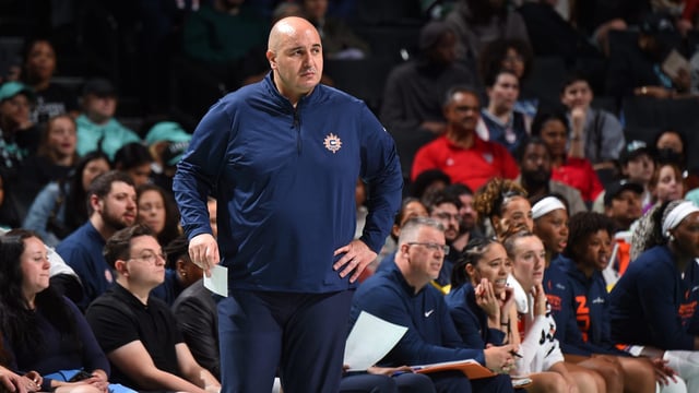 Head Coach Rachid Meziane of the Connecticut Sun looks on during the game against the New York Liberty during the WNBA Preseason Game on May 9, 2025 at Barclays Center in Brooklyn, New York. (Brian Babineau/NBAE via Getty Images)