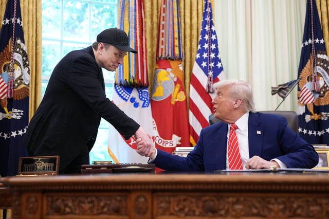 Tesla CEO Elon Musk shakes hands with U.S. President Donald Trump as they speak to reporters in the Oval Office of the White House on May 30, 2025 in Washington, DC. Musk, who served as an adviser to Trump and led the Department of Government Efficiency, announced he would leave his role in the Trump administration to refocus on his businesses.