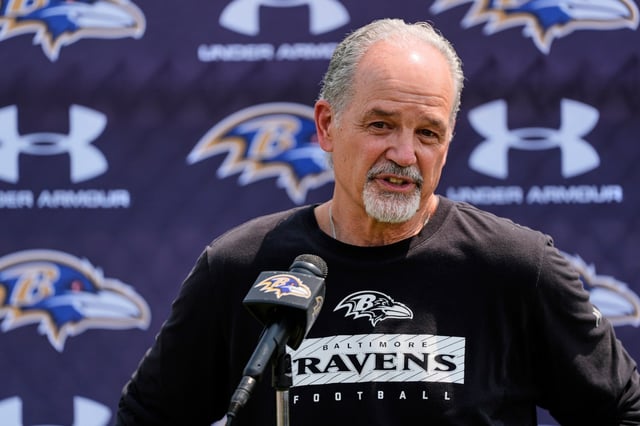 Baltimore Ravens senior defensive assistant/secondary coach Chuck Pagano speaks to media following NFL football practice, Thursday, June 5, 2025, at the Under Armour Performance Center in Owings Mills, Md. (AP Photo/Stephanie Scarbrough)