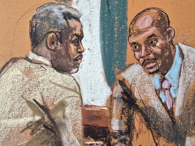Sean "Diddy" Combs speaks to his lawyers before the start of the day's proceedings during Combs' sex trafficking trial in New York City, New York, U.S., June 5, 2025 in this courtroom sketch. REUTERS/Jane Rosenberg