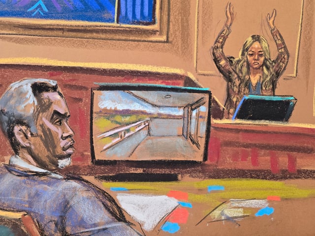 Cassie Ventura's friend Bryana Bongolan demonstrates how she said Sean "Diddy" Combs lifted her over the balcony of a 17th floor apartment, during Combs' sex trafficking trial in New York City, New York, U.S., June 4, 2025 in this courtroom sketch. REUTERS/Jane Rosenberg