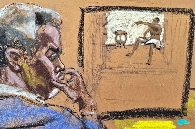 Sean "Diddy" Combs watches an exhibit as forensic video expert Frank Piazza testifies about the time stamps on surveillance footage of a 2016 InterContinental Hotel altercation during Combs' sex trafficking trial in New York City, New York, U.S., June 4, 2025 in this courtroom sketch. REUTERS/Jane Rosenberg